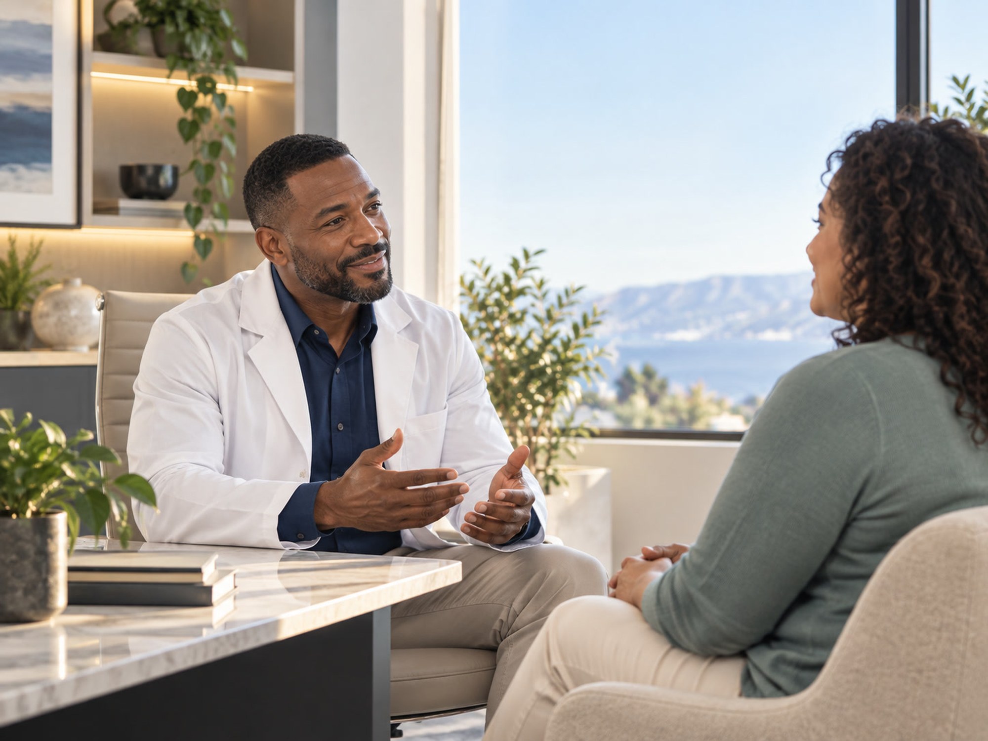 Physician speaking with a patient during a supportive medical weight-loss consultation.