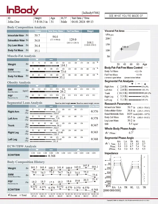 Sample body composition report from InBody 970 showing segmented fat and muscle distribution